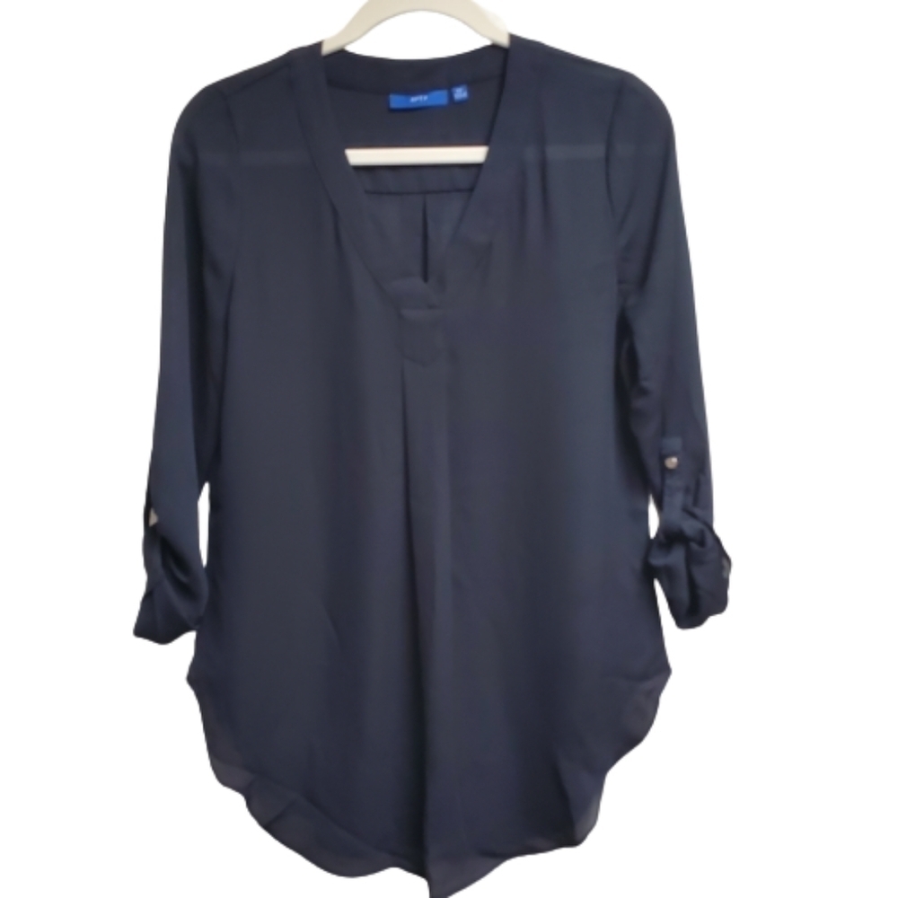 Apt 9 Womens Navy Blue V-Neck Roll Tab Sleeve Chiffon Blouse XS RN 73277